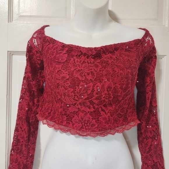 𝅺MY Michelle Red Lace Sequin Crop Top 13 - Picture 1 of 13